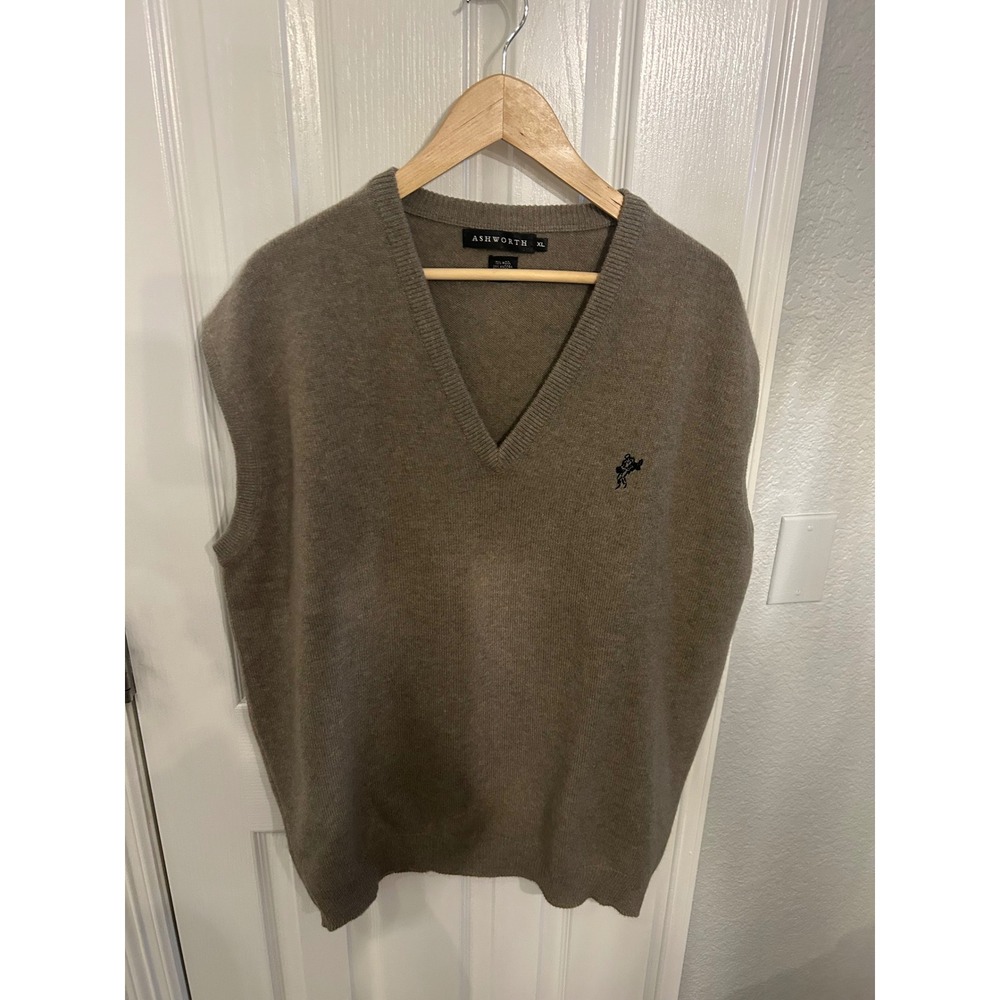 Ashworth Mens Wool Angora V-Neck Sweater Vest‎ XL Taupe Brown Made in Scotland